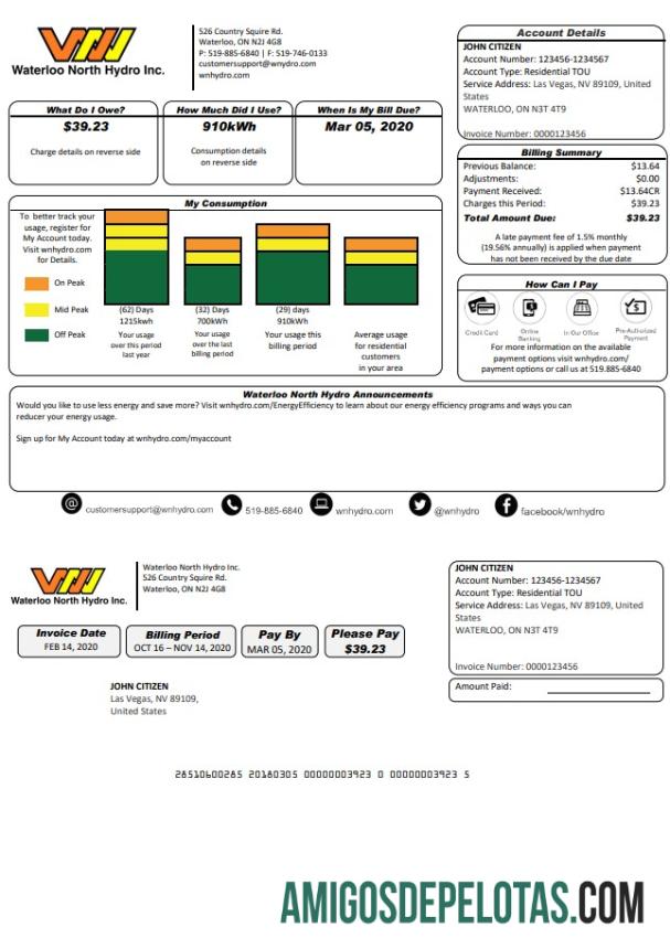 realista Modelo de conta de serviços públicos dos EUA Nevada Waterloo North Hydro em formato Word e PDF (versão 2)